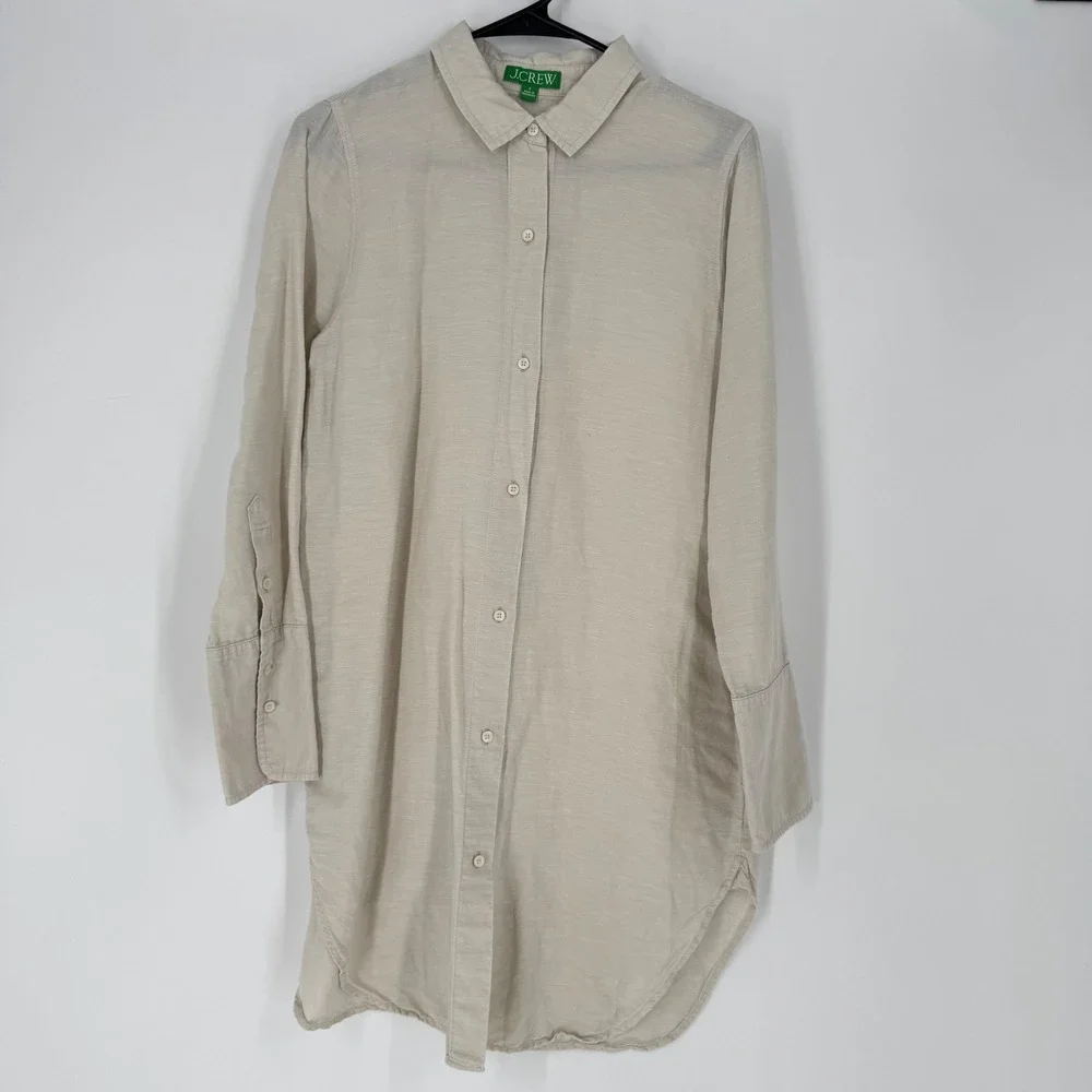 J.Crew‎ Womens Linen Blend Shirt Dress Beige Button Front Long Sleeve Small